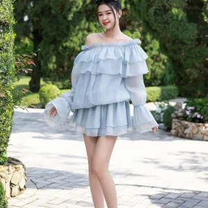 Đầm voan tơ nữ đi biển màu xanh xoè bắt mắt NaviFa