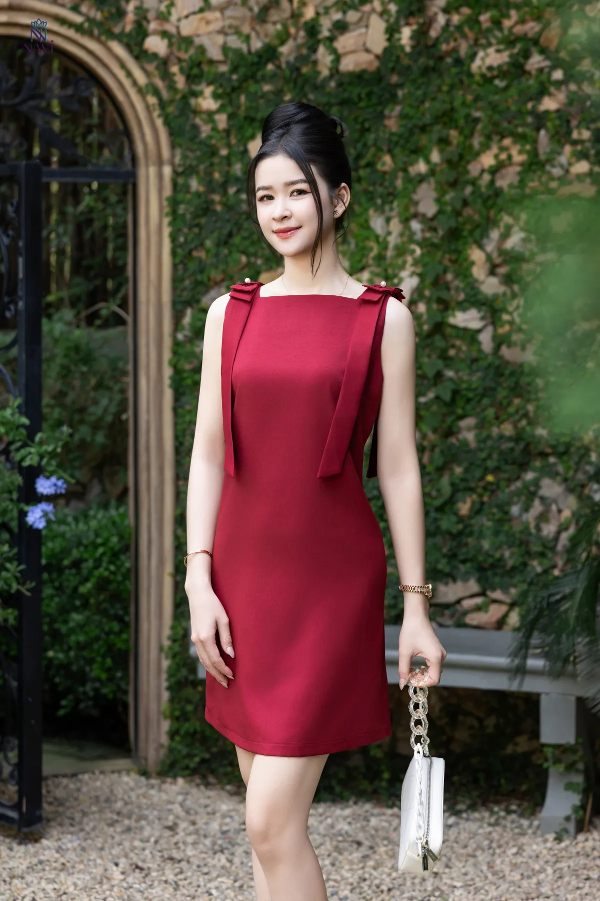 Đầm tiểu thư dáng ngắn phối nơ vai điệu đà, dễ thương NaviFa